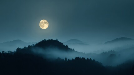 Full moon lighting a misty forest valley. Night landscape with foggy mountains and trees. Mysterious nature scene for serene background.