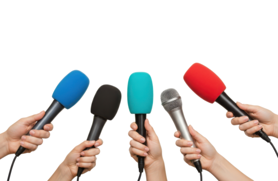 Multiple hands holding microphones of various colors, ready for an interview or press conference