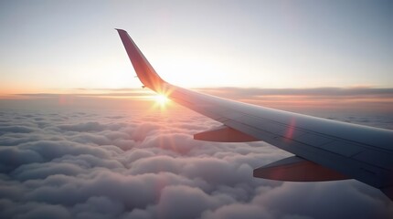Experience stunning aerial views of sunrise from a plane wing above clouds for your travel blog