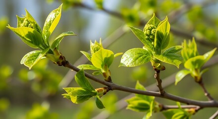 New Spring Growth on Tree Branch with Delicate Green Leaves Unfurling.