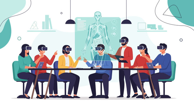 Virtual reality healthcare education: Medical professionals collaborating in immersive environment