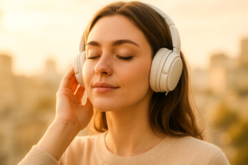 Horizontal image of a young woman wearing large white headphones outdoors at sunset, eyes closed and smiling peacefully while enjoying music. Warm golden tones, soft natural lighting convey calmness