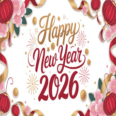 Happy New Year 2026 greeting. Beautiful handwritten quote. Confetti, Celebration, Greetings, Chinese New Year. Poster, card or banner. Vector isolated on white background




