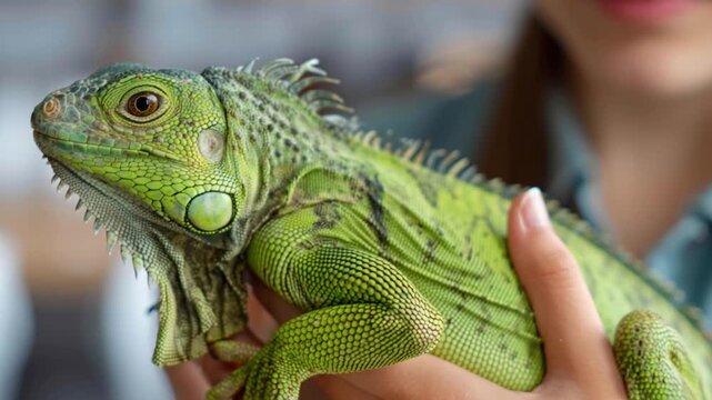 Young woman holding pet iguana and caresses it
