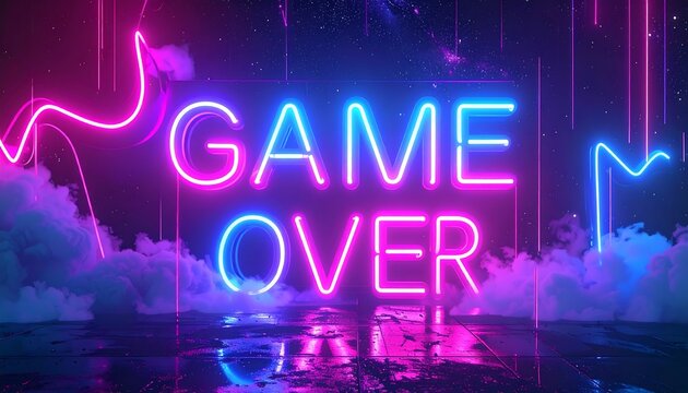 Neon "GAME OVER" message against cosmic backdrop, smoky clouds, and reflective surface, glowing with vibrant colors