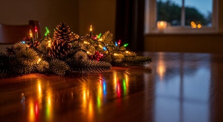 Christmas table decoration with colorful lights and pine cones on wooden background
