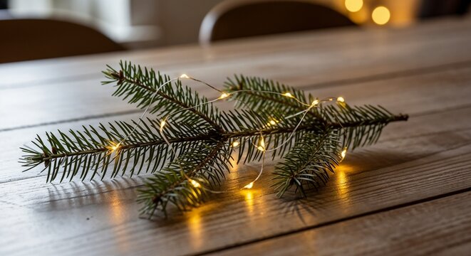 Pine branch with fairy lights on wooden table for Christmas decoration