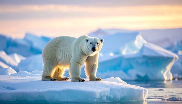 Polar bear stands on ice floe, soft sunset lighting highlights the arctic landscape with blue icebergs in background