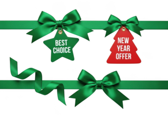 Green satin ribbon with bows and star and christmas tree shaped tags isolated on transparent background