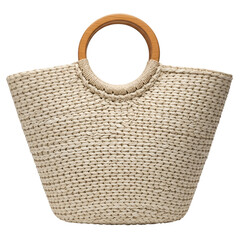 Woven Straw Tote Bag with Wooden Handles Isolated Keywords: straw bag, tote bag, handbag, summer