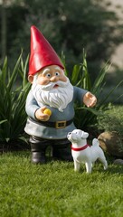 Obraz premium Garden gnome and small dog in a vibrant garden