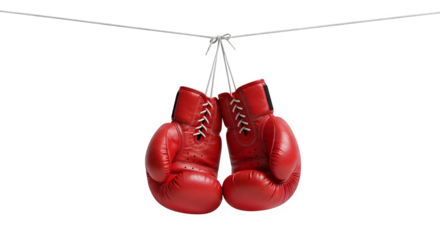 Red boxing gloves hanging on a string, ready for a fight