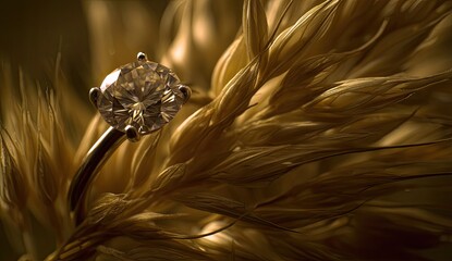 A sparkling diamond ring rests on a stalk of golden grain.