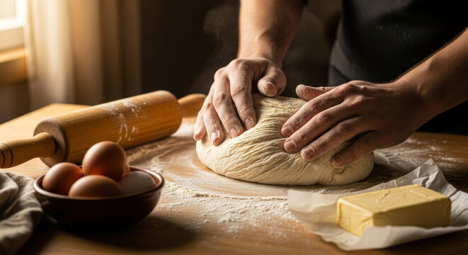 Baker kneading dough on a wooden table with eggs, butter, and rolling pin, showcasing the process of making bread or pastry at home