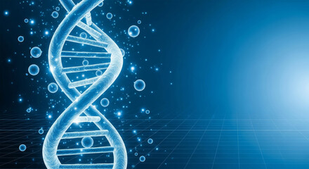 A vibrant 3d rendering of a dna double helix structure, illuminated with glowing particles against a deep blue backdrop, symbolizing genetic research