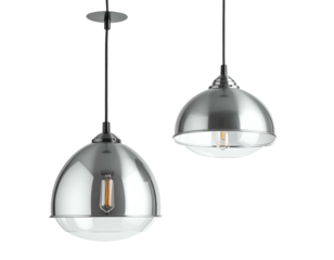 Two metallic dome pendant lights with clear glass accents