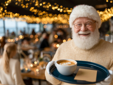 Santa Claus with Holiday Coffee – Christmas Café Greeting, Festive Drink and Dessert Concept