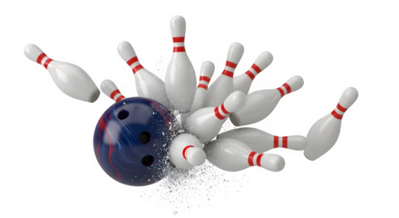 Bowling ball crashing into pins, , in a dynamic action shot