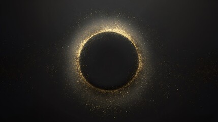 Abstract black circle with glowing golden glitter dust. Elegant sparkling background for graphic design, luxurious event, or festive announcement.