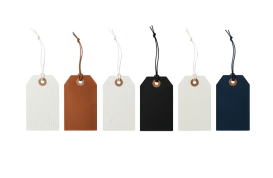 Collection of five blank gift tags in various colors and textures
