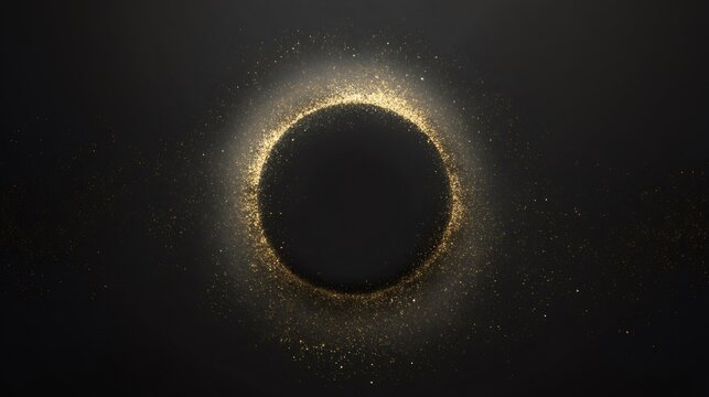 Abstract black circle with glowing golden glitter dust. Elegant sparkling background for graphic design, luxurious event, or festive announcement.