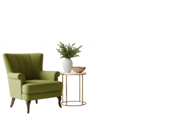 A stylish green armchair with a small side table, a vase with greenery, and a decorative bowl, isolated on transparent background