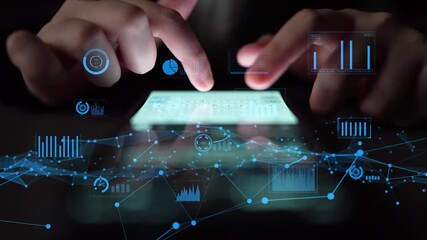 Dynamic image depicting hands interacting with a transparent touchscreen filled with digital graphs, representing the evolution of data analysis and business intelligence. Xenic - Powered by Adobe