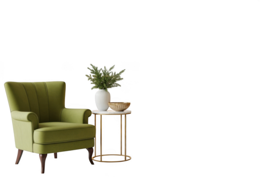 A stylish green armchair with a small side table, a vase with greenery, and a decorative bowl, isolated on transparent background - Powered by Adobe
