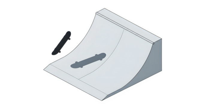 Isometric illustration of a skateboard on a halfpipe