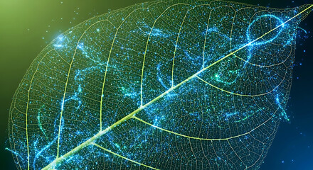 Glowing Digital Leaf Veins with Blue Particles technology