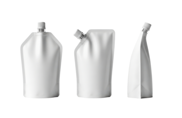 Three blank white pouch bags with caps, showing different angles