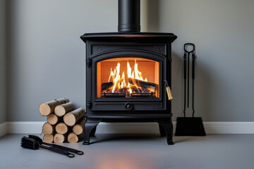 Heating with wood: flames in metal stove, firewood in corner. Concept of fireplace with fire at home