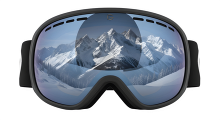 Black ski goggles with mountain reflection for winter sports
