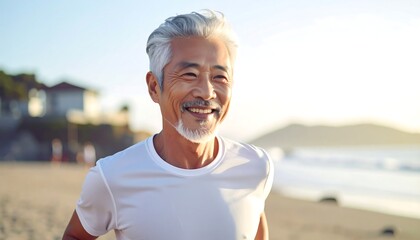 Older Asian man smiles on a sunny beach, wearing white shirt. Buildings and sand visible in background