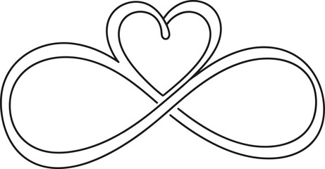 A simple black and white line drawing of an infinity symbol intertwined with a heart, representing eternal love and connection