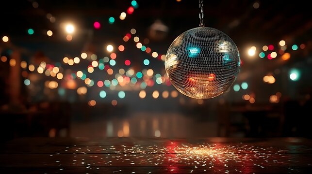 Bright disco ball sparkling over empty dancefloor high resolution Images
