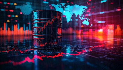 Oil Price Fluctuations and Global Market Impact: A Conceptual Image of Commodity Trading with Barrel, Charts, and World Map
