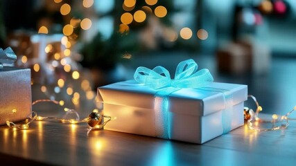 Futuristic Christmas gifts with smart holographic packaging, LED displays showing festive greetings, and glowing neon holiday lights in the background, modern celebration banner, copy space - Powered by Adobe