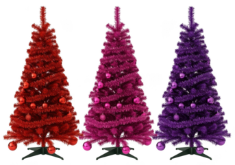 Three colorful artificial christmas trees in red, pink, and purple, decorated with baubles, isolated on transparent background