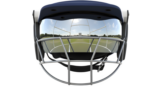 Cricket helmet reflecting a field, capturing the essence of the sport and its environment