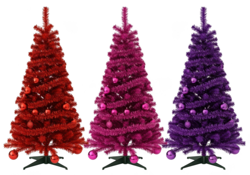 Three colorful artificial christmas trees in red, pink, and purple, decorated with baubles, isolated on transparent background - Powered by Adobe