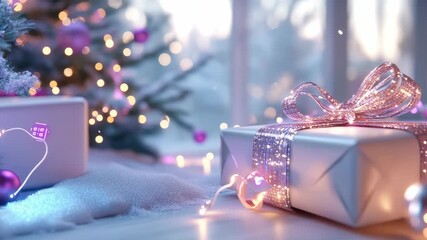 Modern Christmas scene with IoT smart gifts in futuristic wrapping,glowing digital tags,color-changing festive lights,placed under gentle snowfall near window,symbolizing high-tech holiday celebration - Powered by Adobe