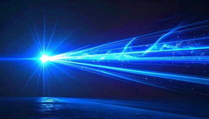 Radiant blue light streaks across a dark, reflective surface, creating a sense of speed and abstract movement