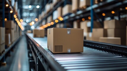 Cardboard Box on Conveyor Belt in Warehouse for Shipping and Distribution, E-commerce Logistics, Automated Sorting System, Inventory Management, and Supply Chain Efficiency