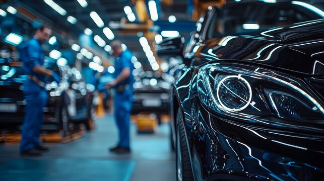 Automotive Manufacturing: Close-up of a Black Car Headlight with Auto Workers Inspecting Vehicles on the Assembly Line in a Modern Factory