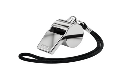 Shiny metal whistle with a black lanyard for sports referees