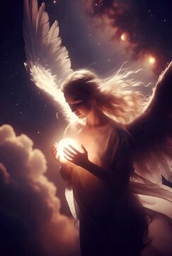 generated animation. A beautiful angel with glowing ball