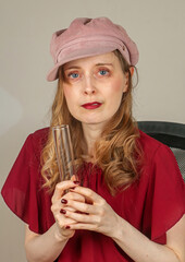 Beautiful young woman holding empty glass tube inside room interior
