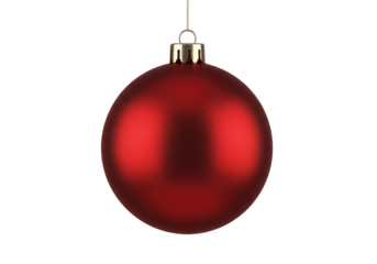 A single red christmas ornament hanging from a string, isolated on a transparent background
