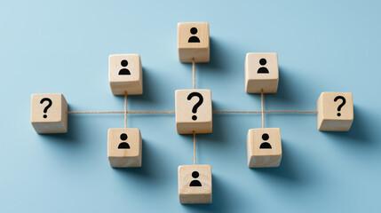 Question Mark Icons and Employee Icon on Wooden Cubes, Human Resources Leadership Vacancy, Searching for New Manager, Team Hierarchy with Leader Recruitment and HR Decision Concept. 